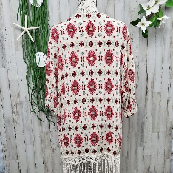 Lovesick Boho Fringe Cardigan Kimono Ivory Red Size OS - Picture 2 of 8